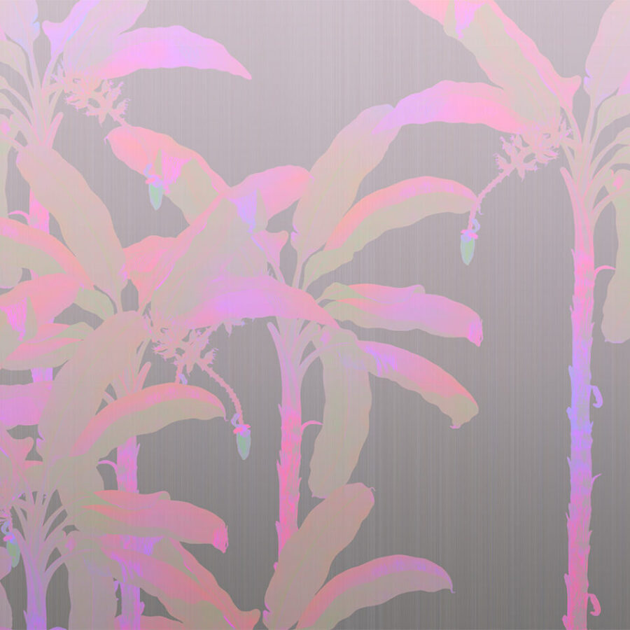 Palm Serenity Oilslick Palmenmuster in Pastellrosa und Lila vor grauer, strukturierten Hintergrundfläche – dekorative Wandgestaltung