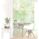 Illustration eines Innenraums mit einem Holztisch und Stühlen vor einer großen, grünen Pflanzenwand; links steht eine Pflanze in einem Korb; skizzenhafte, pastelfarbene Darstellung
