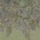 Grün-lila Blattmuster Wandgestaltung aus abstrakter Malerei, hängende Blätter in sanften Grüntönen mit violetten Akzenten, assoziiert mit der Rustle Produktseite von k’moor