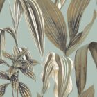 Botana de Primavera Muster mit Blattendesign, grün-bläulicher Hintergrund, braune und beige Blätter, dekoratives Tapetenmuster für Wandgestaltung