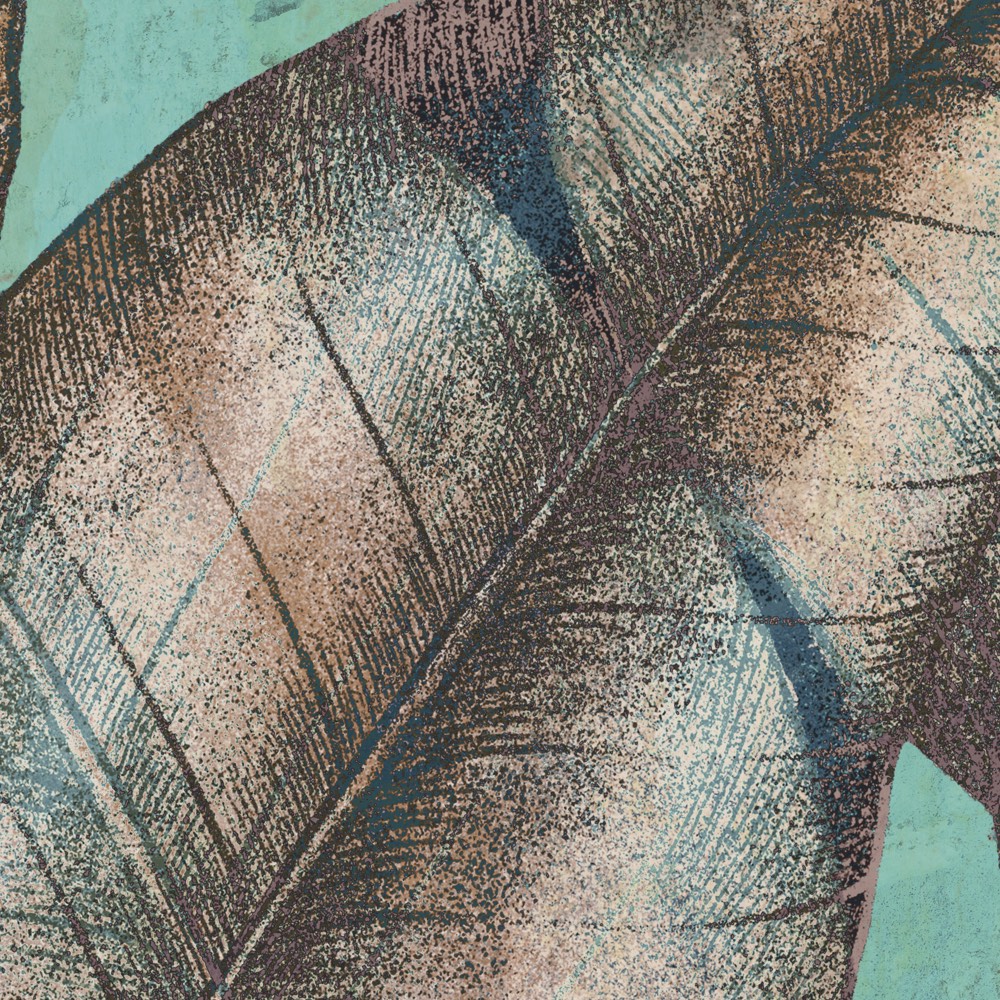 Abstraktes Wanddesign-Muster in bunten Farbtönen mit Blattstrukturen, entworfen von k’moor für die Believe Kollektion – zeitgenössische Raumgestaltung