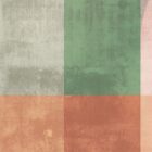 Abstractes Wanddesign mit großflächigen quadratischen Feldern in Grau, Grün, Koralle und Rosa, produziert von k’moor als Teil der Solljus Kollektion