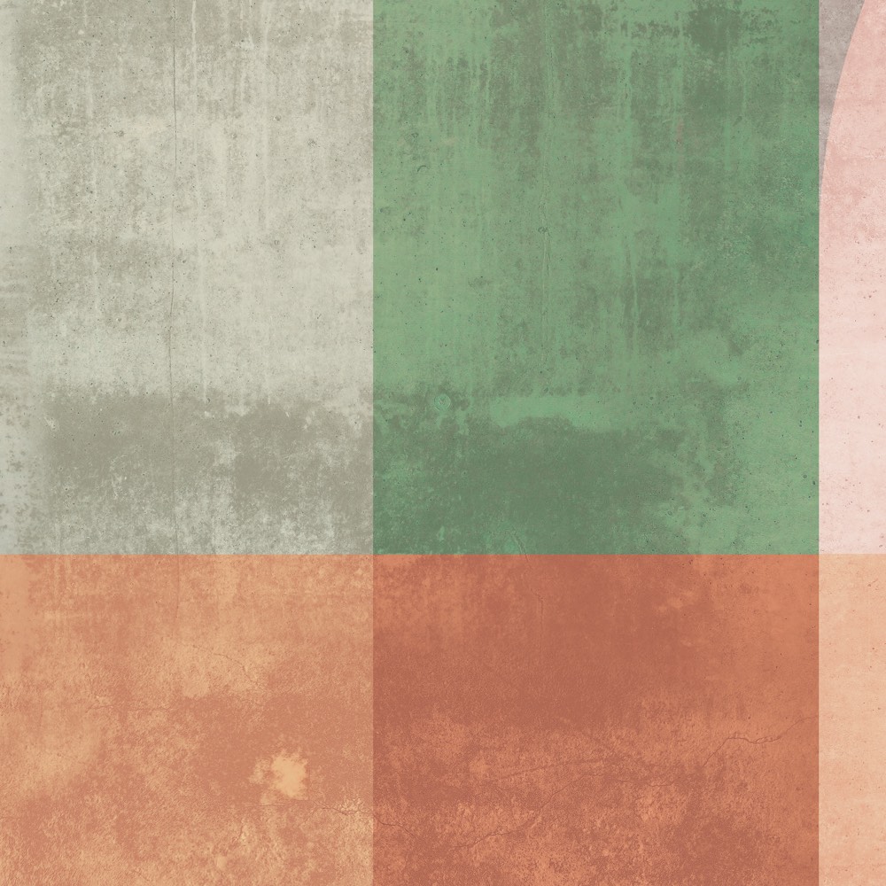 Abstractes Wanddesign mit großflächigen quadratischen Feldern in Grau, Grün, Koralle und Rosa, produziert von k’moor als Teil der Solljus Kollektion