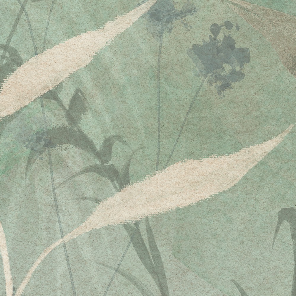 Dekorative Grün-Beige Tapetentextur mit zarten Pflanzenformen, entworfen von k’moor Wanddesign, Muster geeignet für Hotels, Büros und Wohnräume