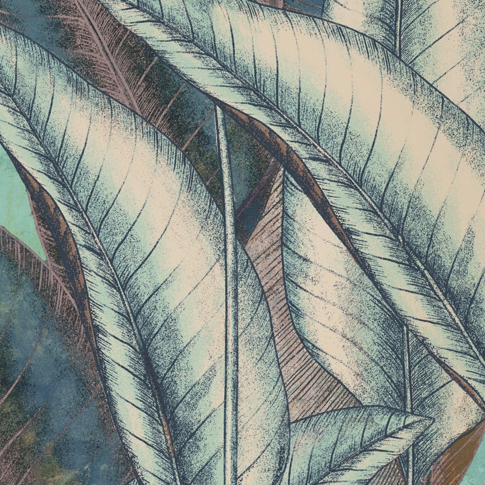 Blau-türkis farbene Blattmuster-Wanddesign-Tapete von k'moor, detaillierte Blätterstruktur mit feinen Linien und strukturiertem Finish