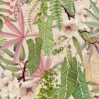 Kunstvolles Wanddesign mit grün-rosa Blättern, exotische Pflanzengestaltung als Muster für Bonita Balance von k'moor walldesign