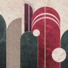 Abstrakte geometrische Wandgestaltung mit Kreisen, Bögen und Streifen in Teal, Beige und Rot – Colorante Archway Balance-Design von k'moor walldesign