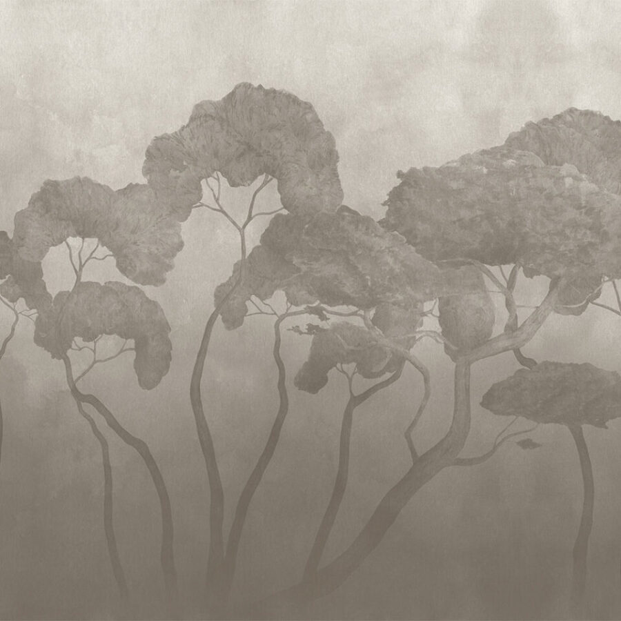 Dark Pines Beige Wanddesign mit beigefarbener Baum-Silhouette, k'moor walldesign Essence Kategorie, abstrakte Natur-Optik als Wandpaneel