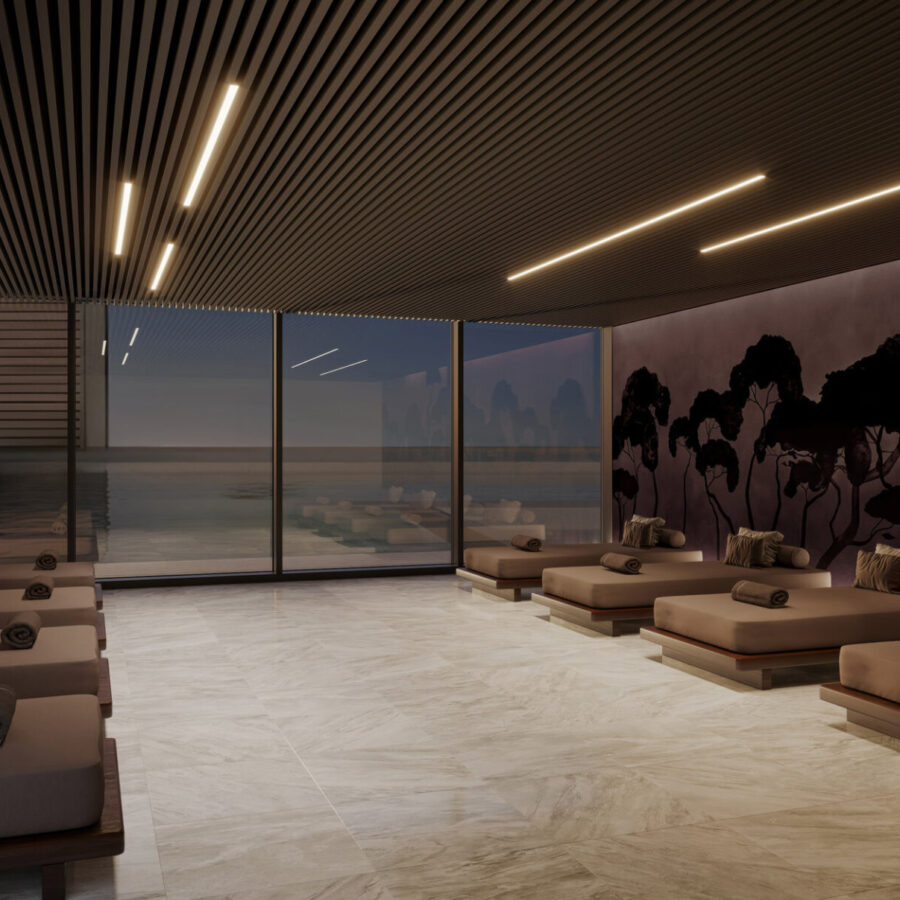 Interior of Dark Pines by k'moor walldesign: beige lounge seating, dunkles Wald-Wandbild an der Rückwand, beleuchtete Decke, große Glasfront zum Wasser