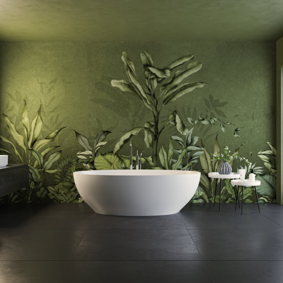 Green Breath Olive keramischer Wandbelag in olivegrüner Farbe mit großem Blattmotiv hinter freistehender Badewanne und einem schwarz-weißen Badmöbel-Setup, k'moor walldesign