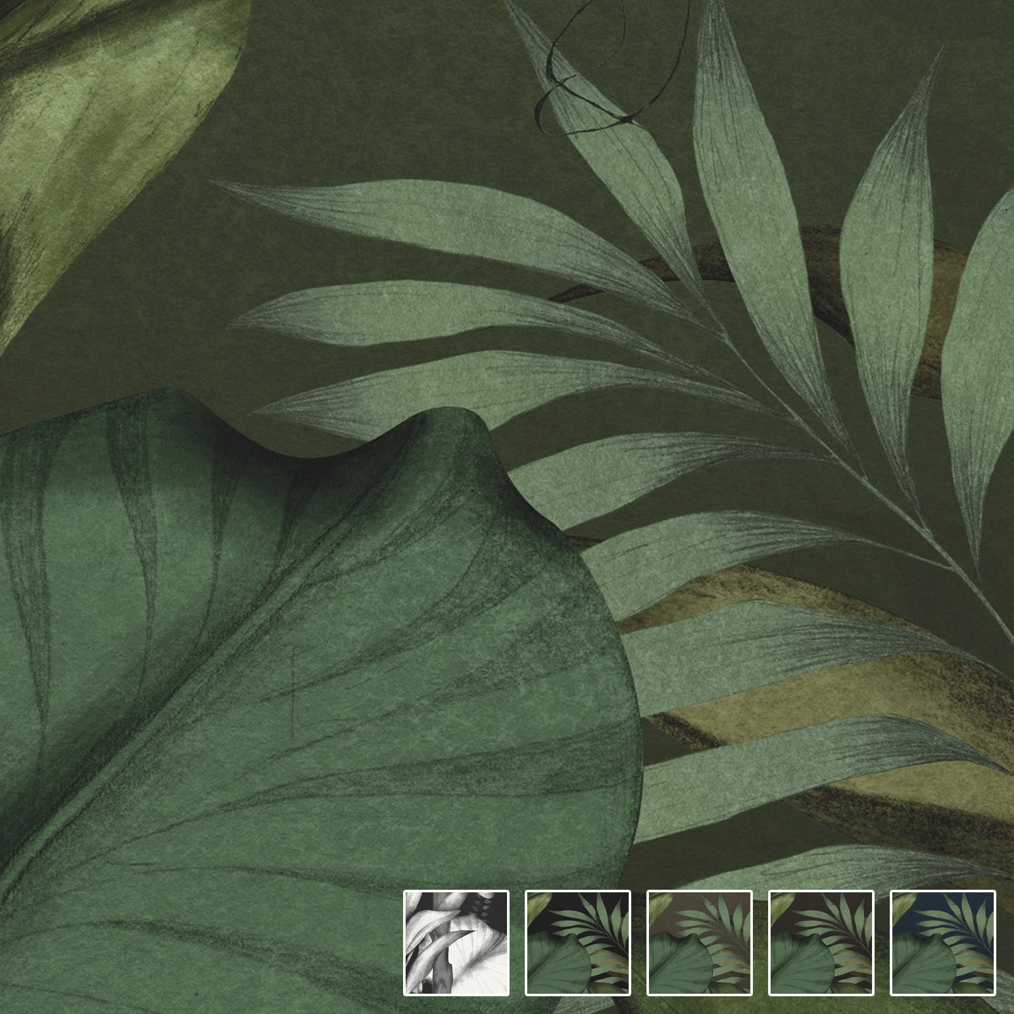 Botanisches Blattmuster in verschiedenen Grüntönen für das Wanddesign Green Breath Olive von k'moor.