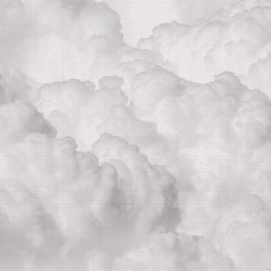 Cloud Tiles Soft graues Texturpaneel aus der Essence Kollektion von k'moor walldesign, feine Wolkenstruktur vor hellem Hintergrund mit einer leichten Rasteroberfläche