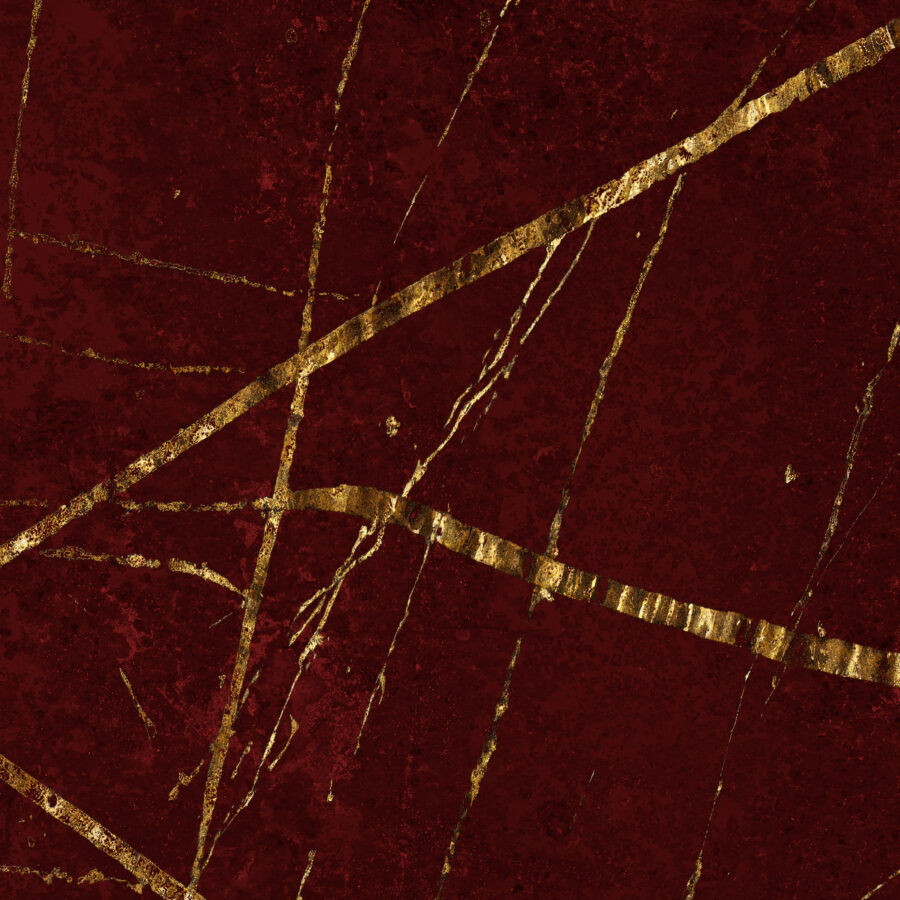 Dense Dynamic Dark Red: dunkelroter Wanddesign-Print mit goldenen Linien, abstrakt gemustert, Teil der Essence-Kollektion von k'moor walldesign