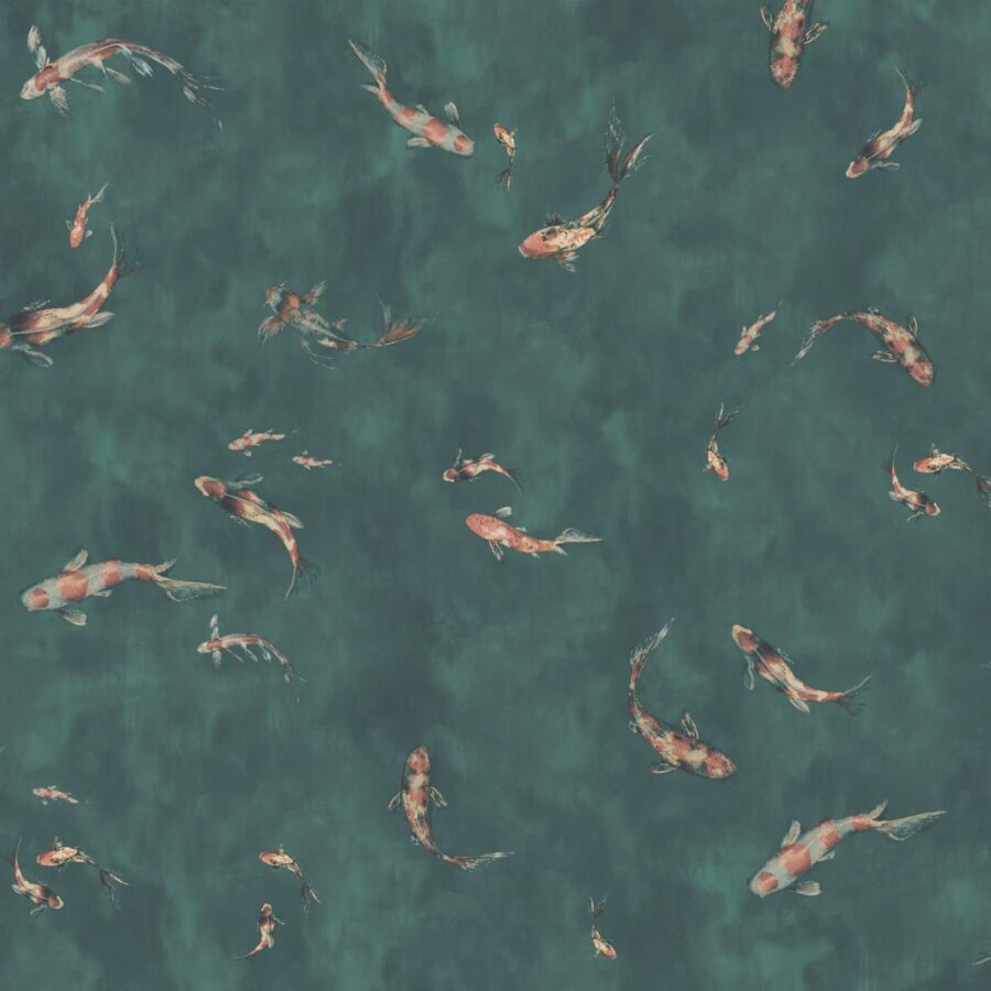 Imperial Koi Petrol Muster mit orangefarbenen Koi-Fischen auf petrolgrünem Hintergrund, gestaltet von k'moor walldesign, Kategorie Essence