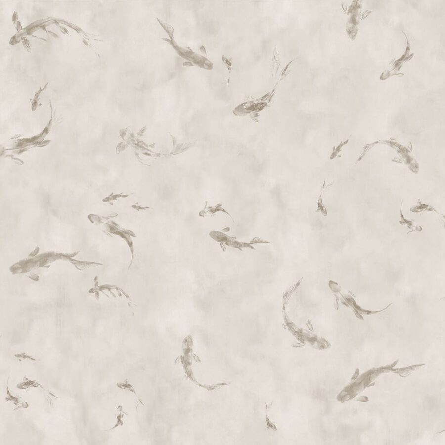 Beige-graues Tapetenmuster mit zarten Imperial Koi Sand Fischen, gestaltet von k'moor walldesign, Kategorie Essence, elegantes koi-Design für Wände.