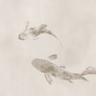 Beige Koi-Fischzeichnung im Sandton-Stil von Imperial Koi, zarte Pinselstriche, ruhige und elegante Wandkunst mit zwei Fischen als Hauptmotiv