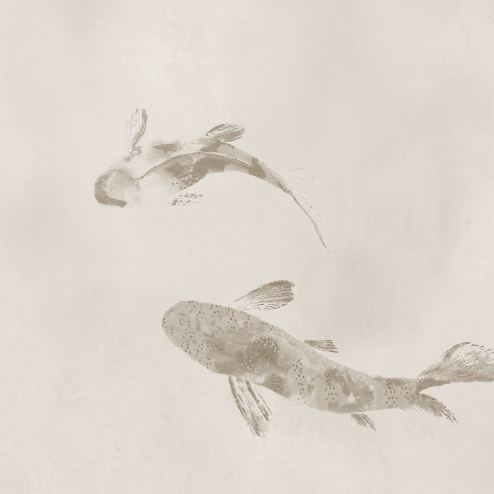 Beige Koi-Fischzeichnung im Sandton-Stil von Imperial Koi, zarte Pinselstriche, ruhige und elegante Wandkunst mit zwei Fischen als Hauptmotiv