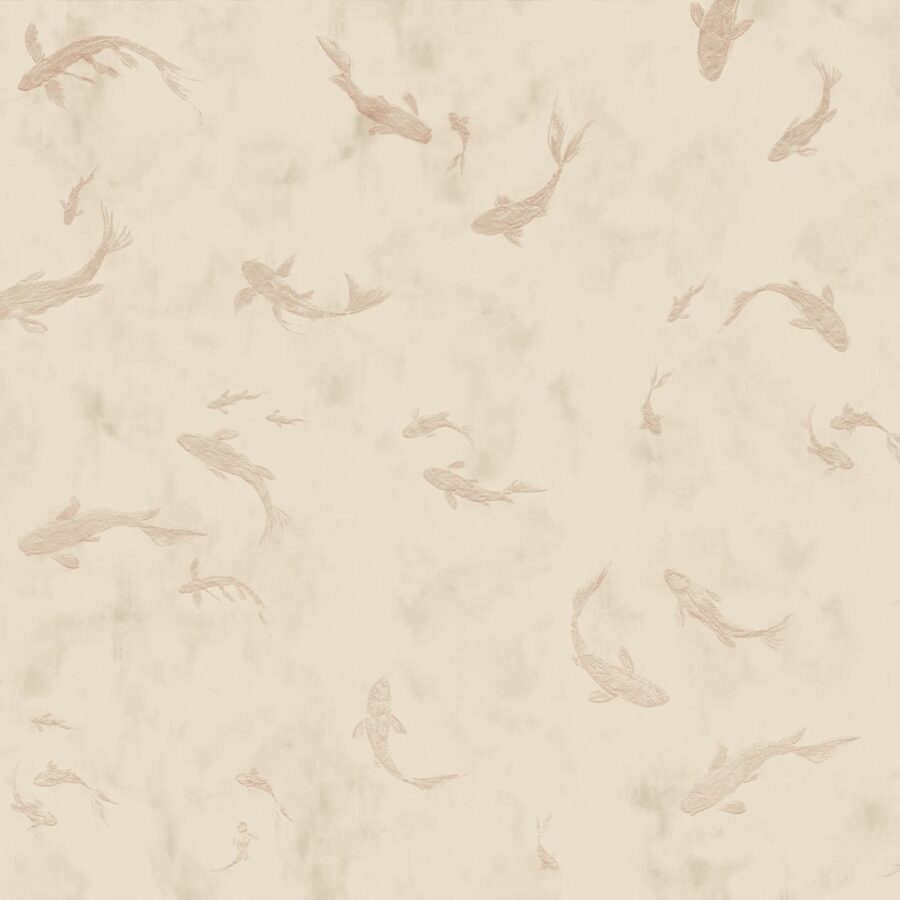 Beiges Wanddesign mit dem Imperial Koi Nude Muster, zart rosa-farbenen Koi-Fischen auf heller Beige-Wandtextur, Teil der Essence Kollektion von k'moor walldesign