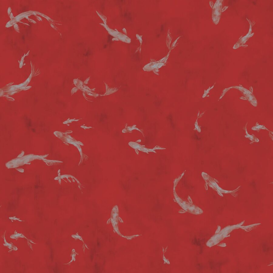 Rotes Hintergrunddesign mit weißen Koi-Fischen in einem dekorativen Muster; Imperial Koi Ruby Farbvariante von k'moor walldesign, Komar