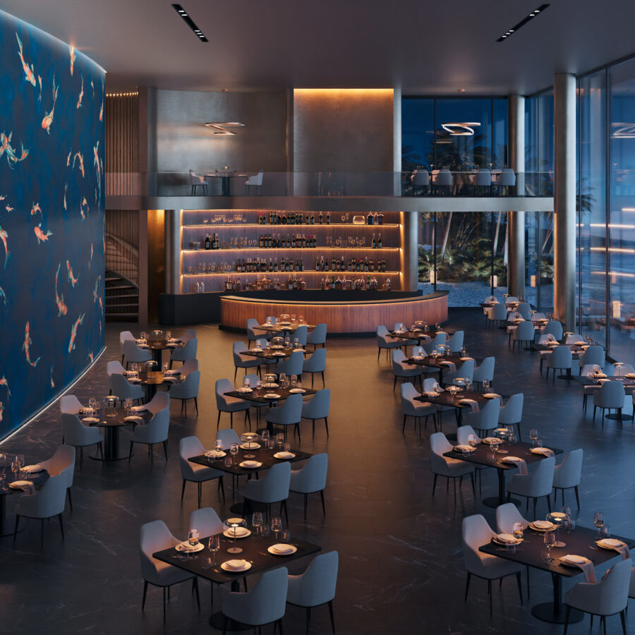 Imperial Koi modernes Interieur-Design in Blau mit barbereich und lichtakzenten; k'moor walldesign Essence