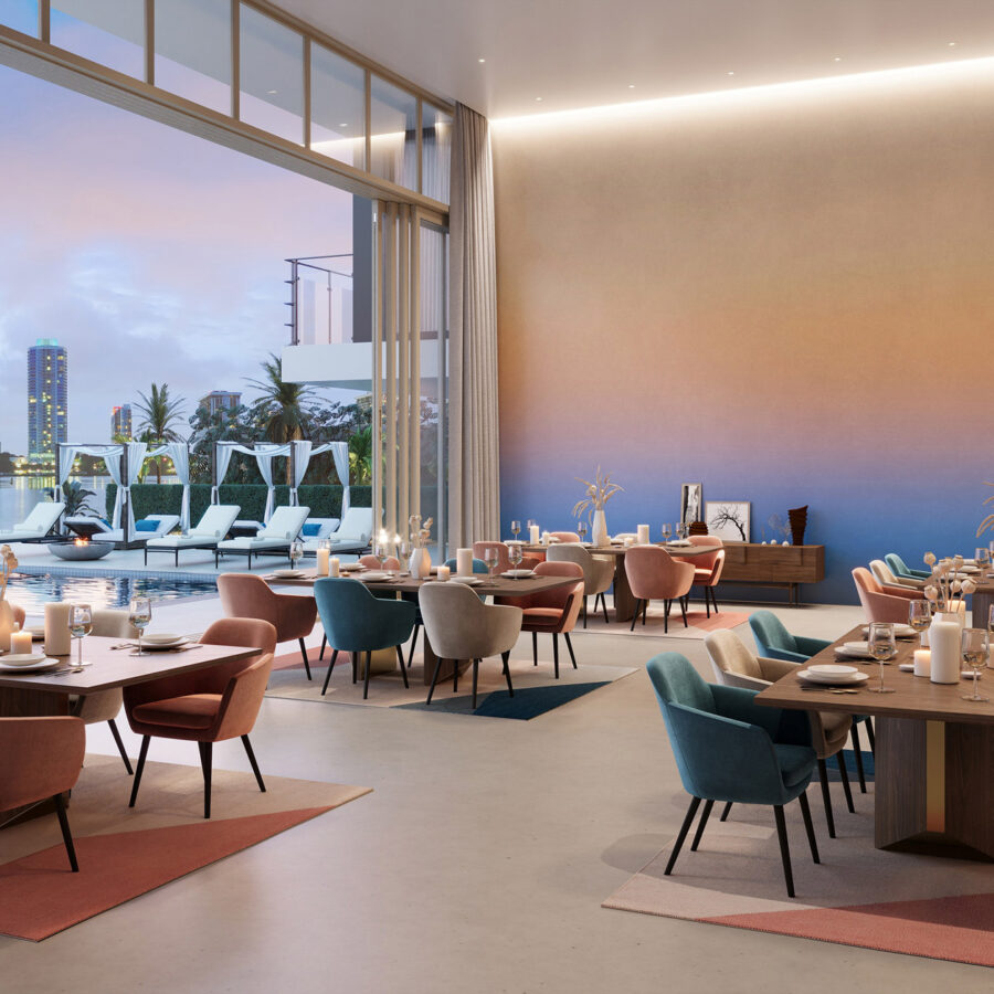 Candy ES-032 Wanddesign mit beige-blauem Verlauf an einer glatten Innenwand, elegante Couchtische, gedeckte Farben und stilvolle Sitzgruppe im Raum