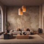 Warm braunes Wanddesign von Bosco Velato Cotto mit marmorierter Optik und beige Akzenten in einem modernen Raumkonzept.