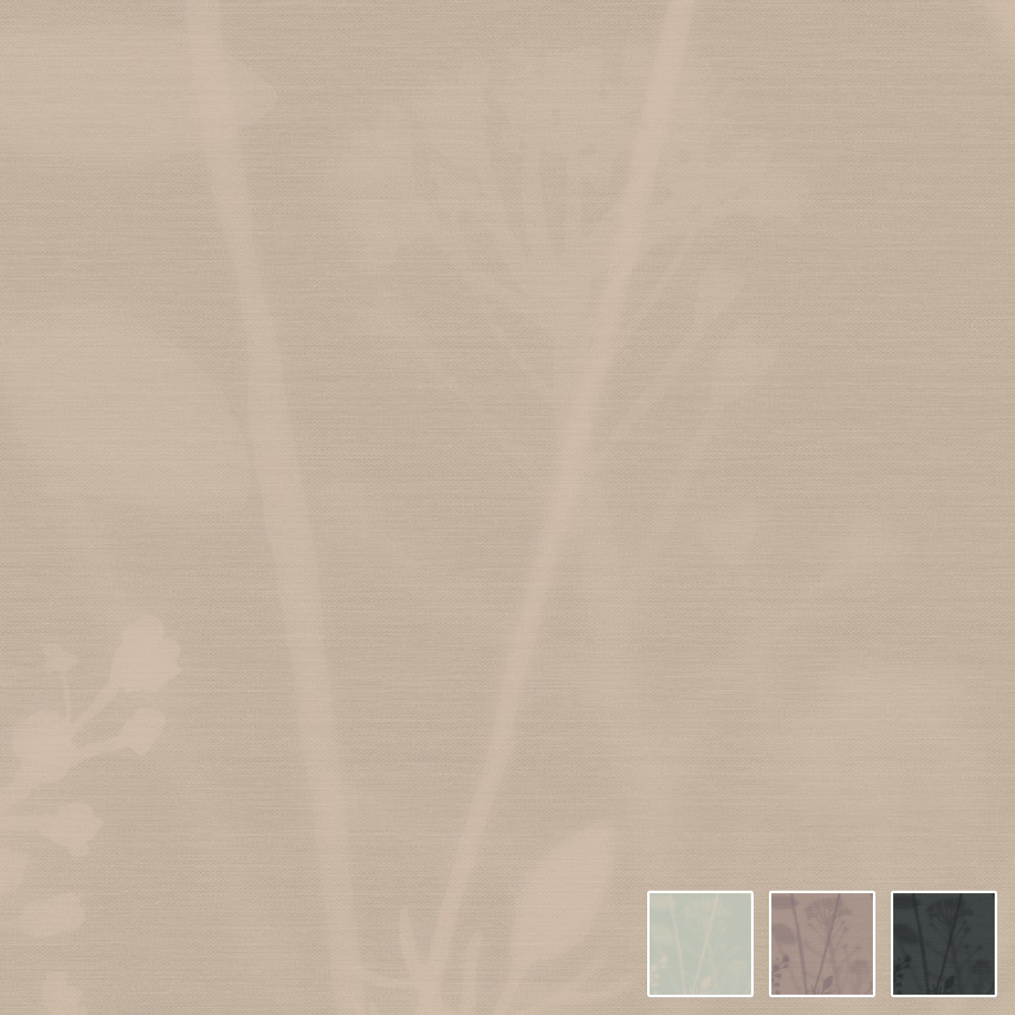 Beige Wandgestaltung mit sanften, floralen Silhouetten und drei kleinen Farbmusterkarten am unteren rechten Rand