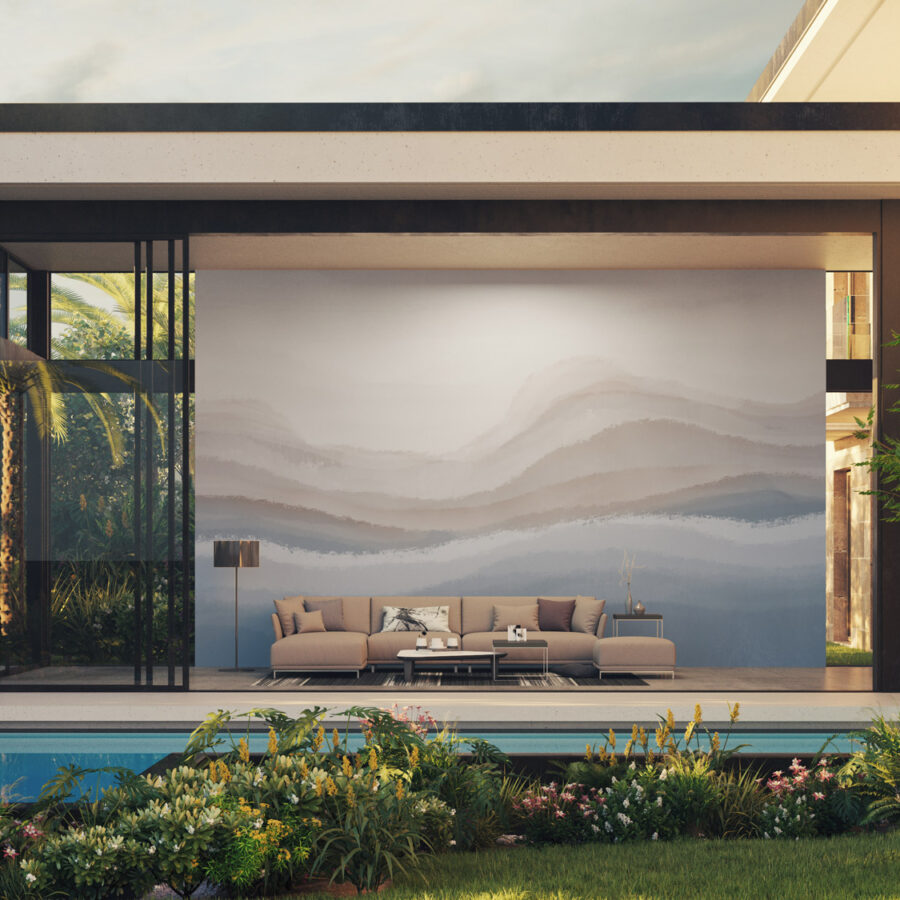 Soft misty mountain bands in the Mist over Mesa mural frame a modern lounge with a beige sectional, 034 m wall design by k'moor walldesign.