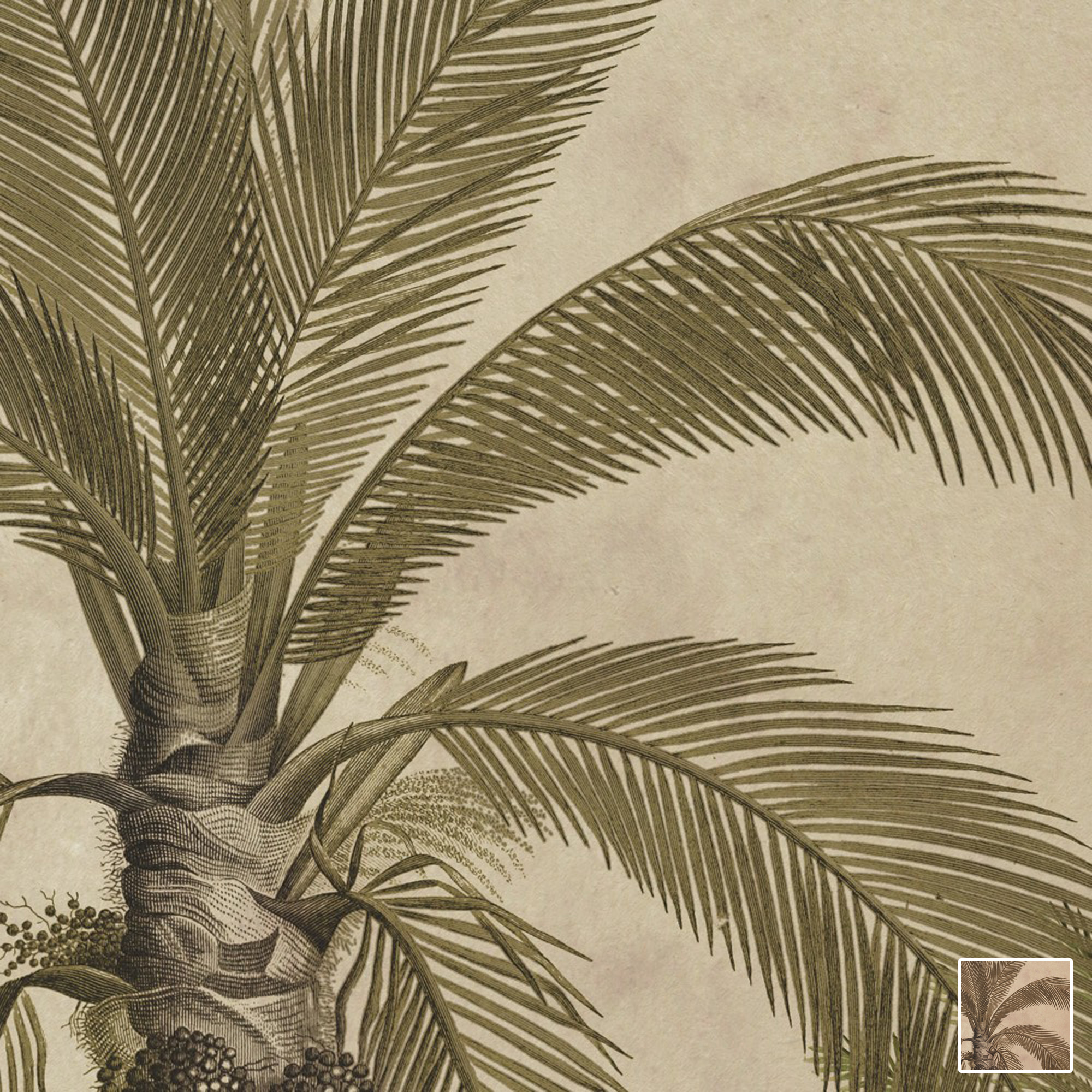 Fein gezeichnete Palmblätter mit dichtem Stamm auf sandfarbenem Grund im Marrakech-Wanddesign von k'moor.