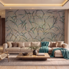 A modern living room shows the Floating Grass Summer wall design behind a beige sofa, with terrace doors and pool views.
