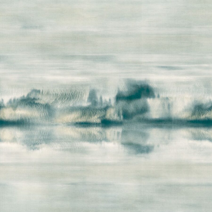 Sanfte blau- und grautönige Reflexe bilden ein abstraktes Wandmotiv mit weichen, spiegelnden Strukturen und ruhiger Wirkung.