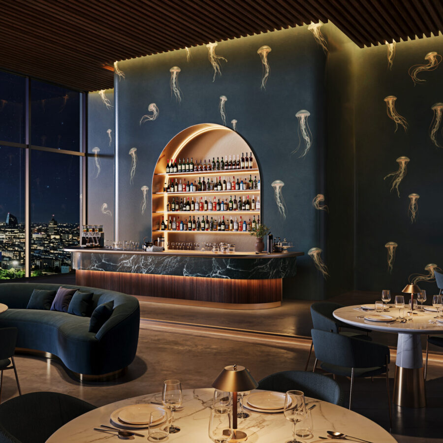 A dark restaurant lounge shows Medusa wall design with jellyfish motifs, a curved bar, city views and warm gold lighting around the room at night.