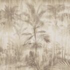 Soft beige palm fronds and layered jungle plants form a vintage botanical pattern with a misty, textured look.