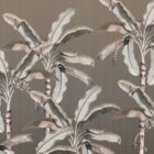 Large banana leaf pattern in muted beige and taupe tones repeats across a textured background with subtle vertical striping.