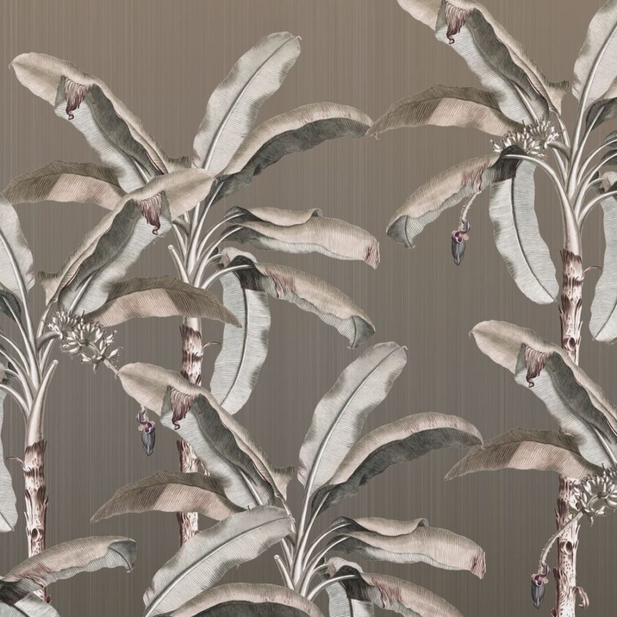 Large banana leaf pattern in muted beige and taupe tones repeats across a textured background with subtle vertical striping.