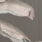A beige striped abstract wall design appears with flowing organic forms and fine vertical lines on a muted taupe background.