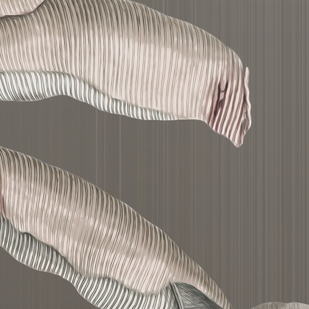 A beige striped abstract wall design appears with flowing organic forms and fine vertical lines on a muted taupe background.