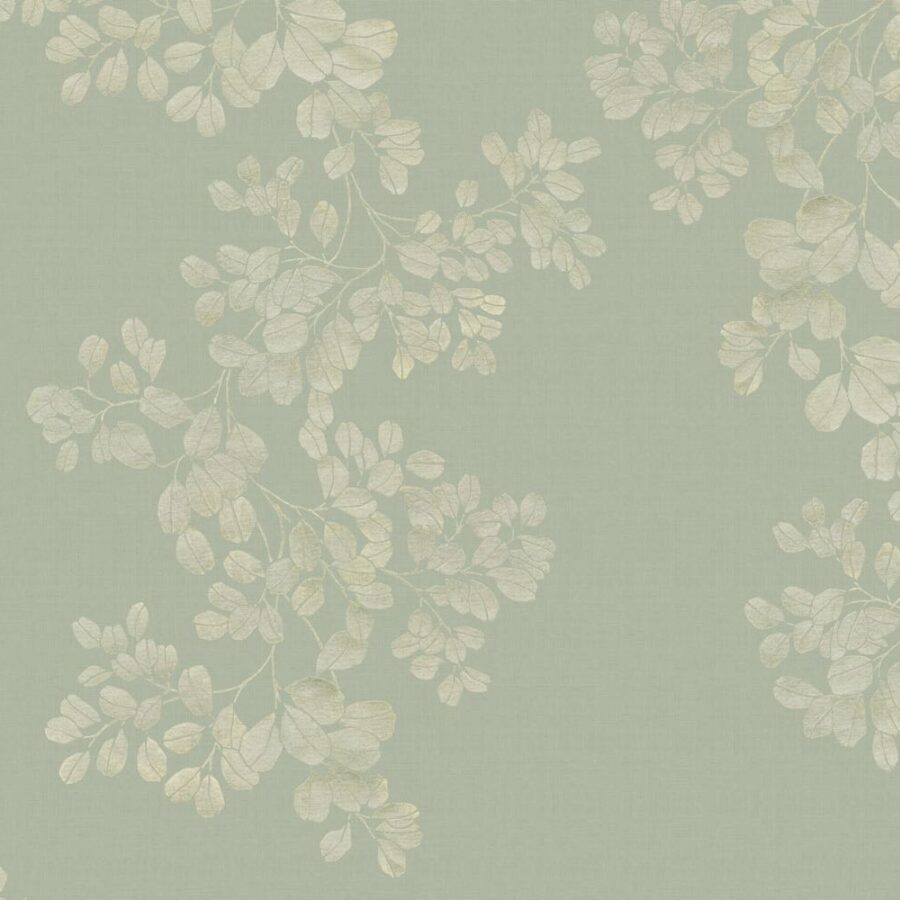 Ein hellgrünes Wanddesign zeigt zarte, cremefarbene Blätter und feine Zweige in einem ruhigen, floralen Muster.
