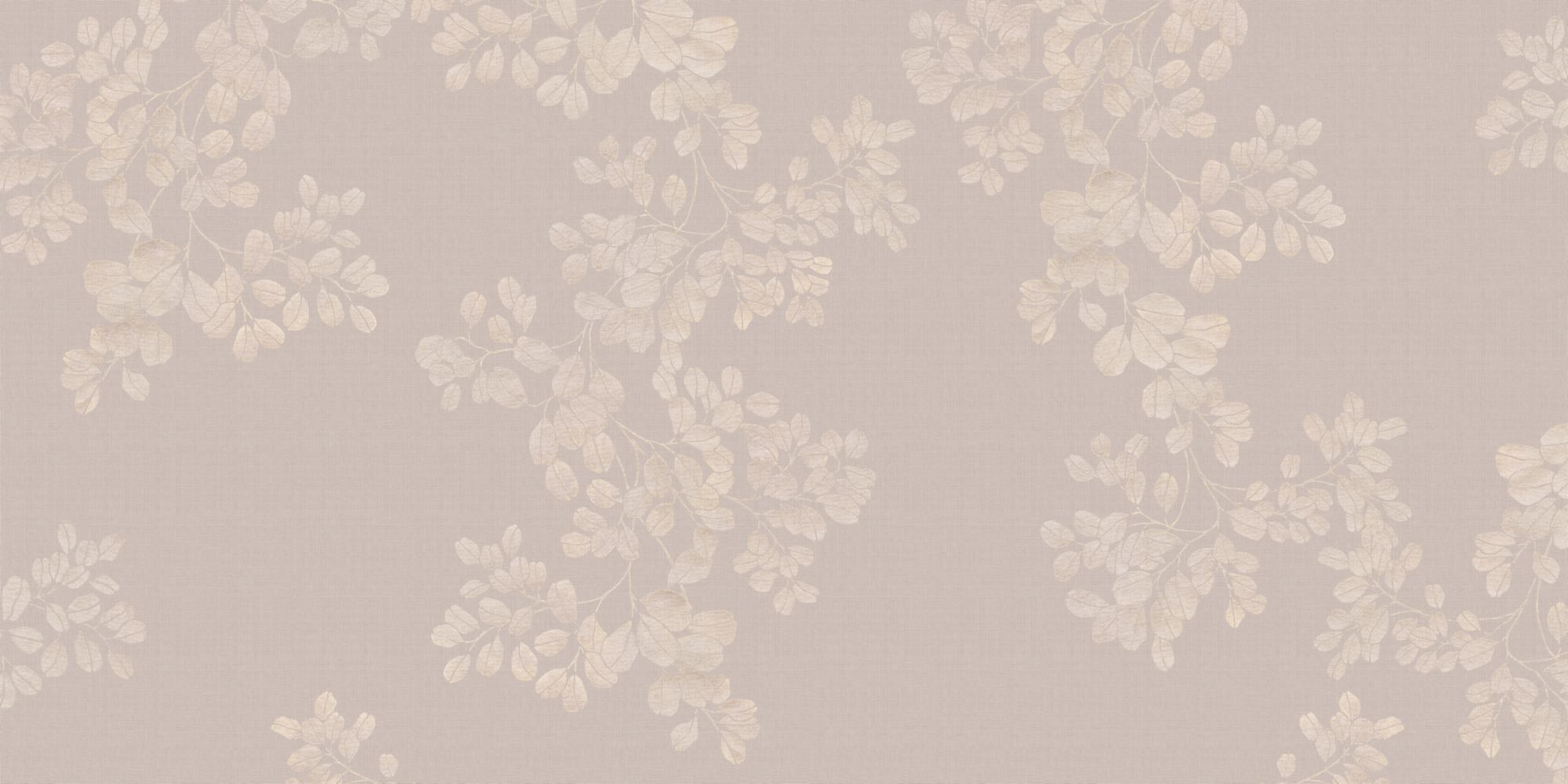 Zartes beige Wanddesign mit feinen Blütenzweigen und Blättern auf textilem Grundton der Essence Kollektion.