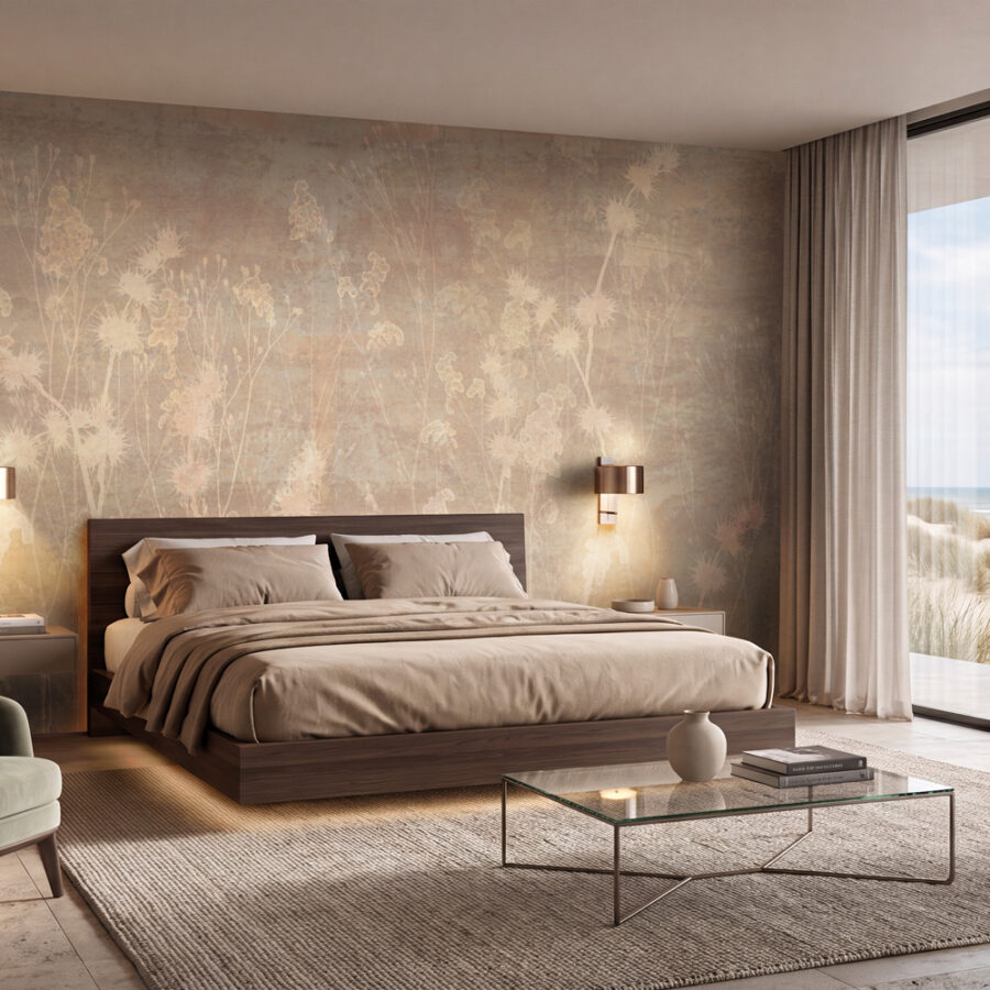 Ein ruhiges Schlafzimmer mit k'moor Wanddesign, warmen Naturtönen und Blick durch große Fenster auf Dünen und Meer.