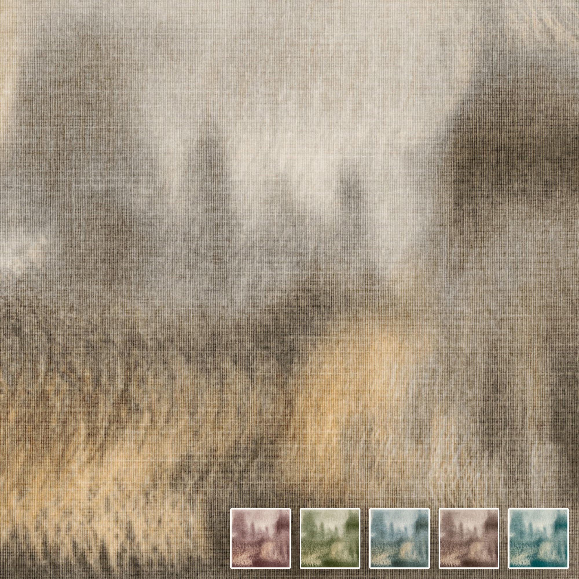 Abstraktes Wanddesign Fading Reflections mit weich verlaufenden beige-grauen Strukturen und fünf Farbmusterkarten.