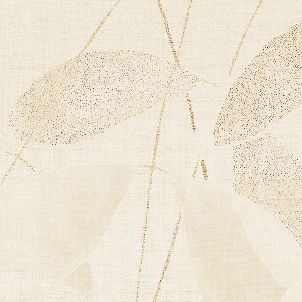Abstraktes Lunaria-Tapetenmuster mit großen organischen Formen und feinen goldenen Punktlinien auf cremefarbenem Grund.